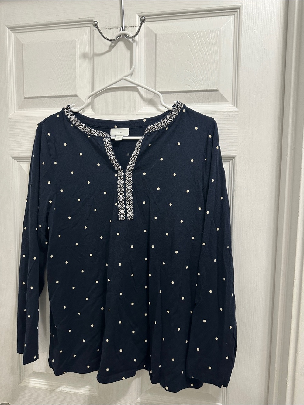 J. Jill Navy Long-Sleeve Polka Dot Top with Embroidered V-Neck